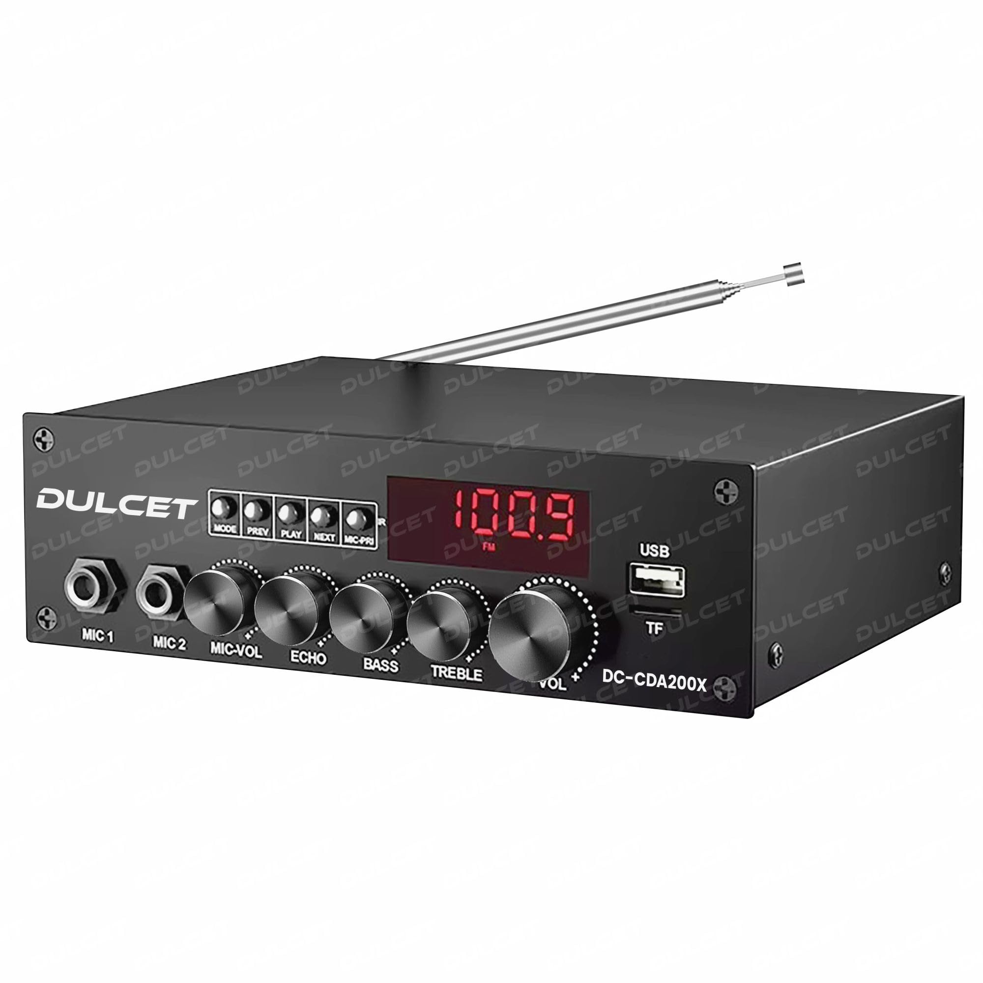 Dulcet DC-CDA200X Hi-Fi Class-D 200W Dual Channel Stereo Amplifier | Bluetooth, USB, TF Card, FM, AUX, RCA, Mic, Optical & Coaxial Input | Mic & Echo Control | Built-in Equalizer | Big LED Display