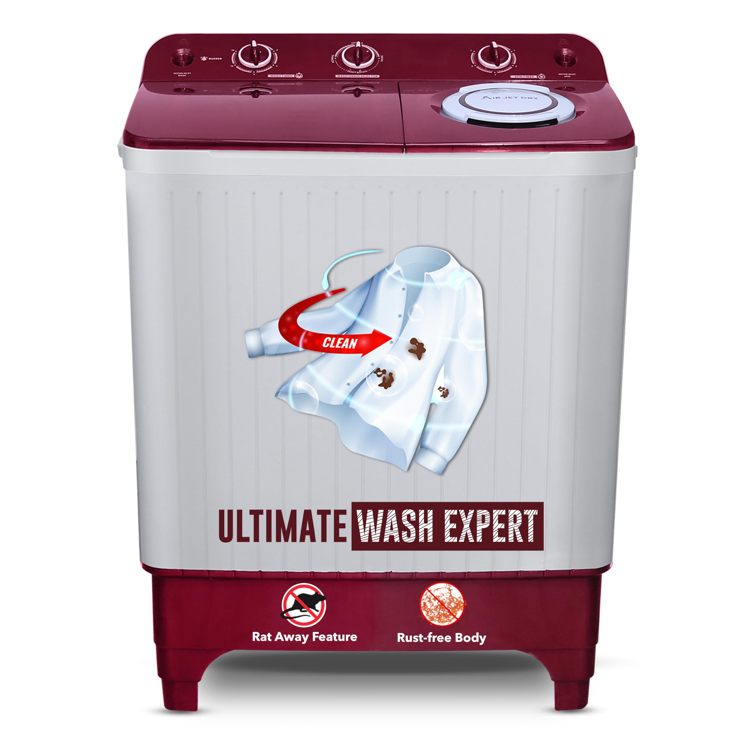 Power Guard 7.2 kg Semi-Automatic Top Loading Washing Machine Appliance (PG72WM-BG-OP, Burgundy, Powerful Motor, Effective Wash Pulsator,Air Turbo Drying,1380 RPM & Castors)